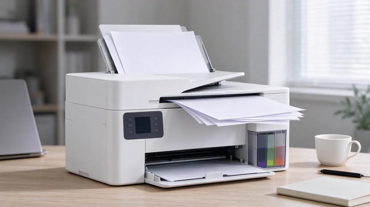 Ilustrasi printer ink tank multifungsi dengan ADF di meja kantor UMKM