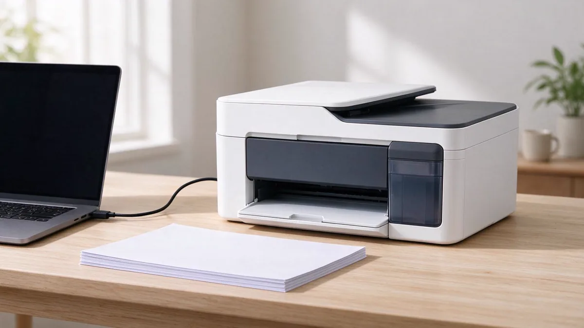 Review Canon PIXMA G2770: MegaTank Murah dengan LCD, tapi Tanpa WiFi (2026) Ilustrasi printer ink tank multifungsi di meja kerja minimalis