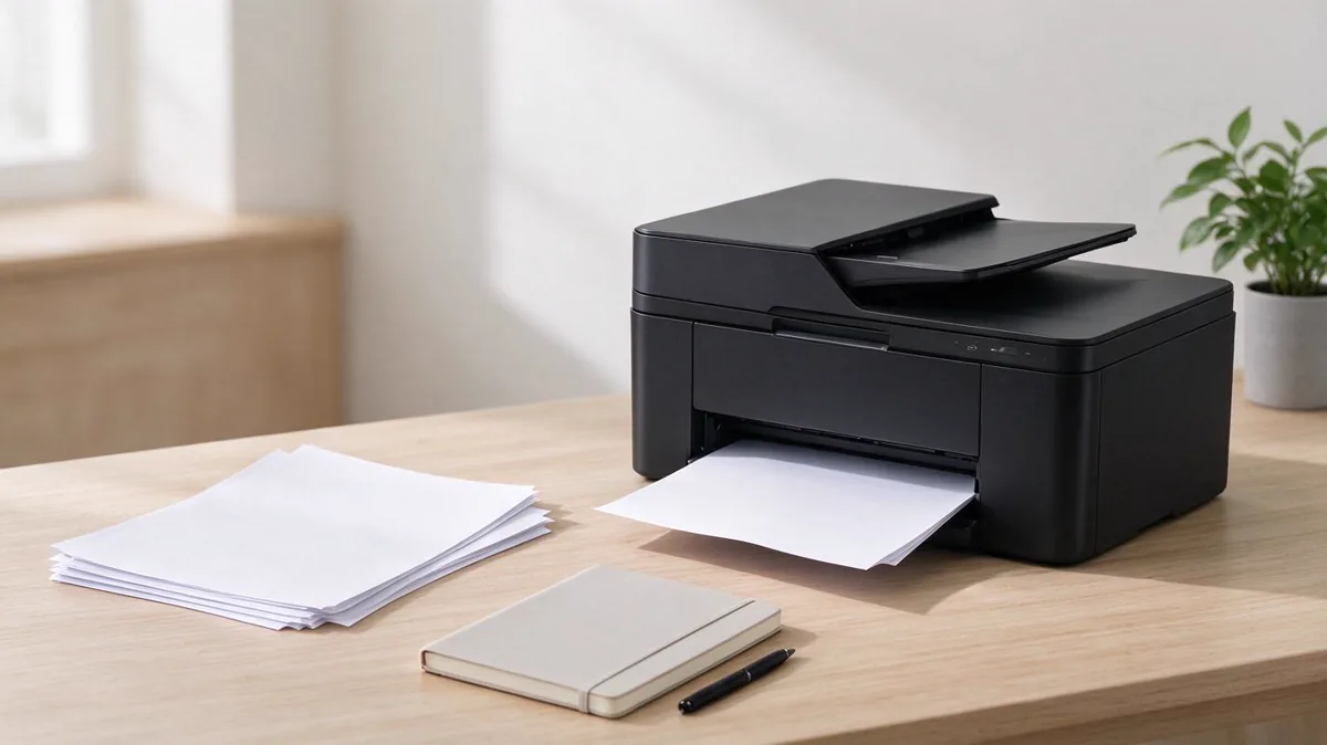 Ilustrasi printer ink tank all-in-one di meja kerja kantor kecil