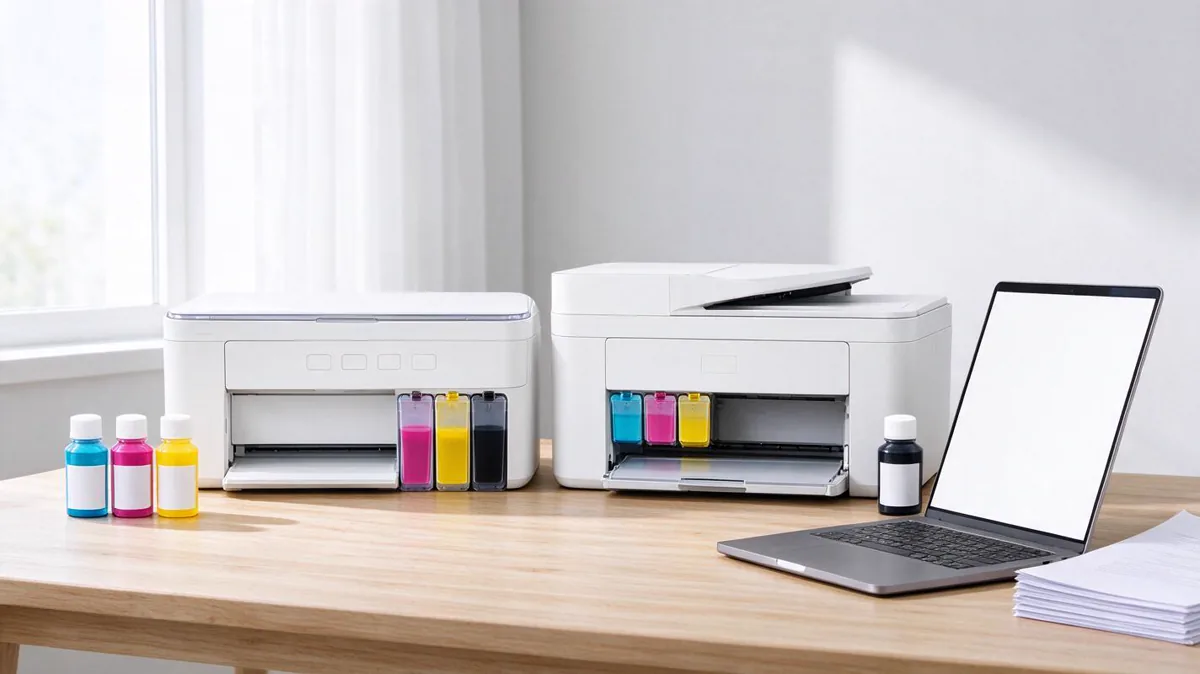 Ilustrasi dua printer HP Smart Tank 580 dan 750 berdampingan di meja kerja dengan botol tinta